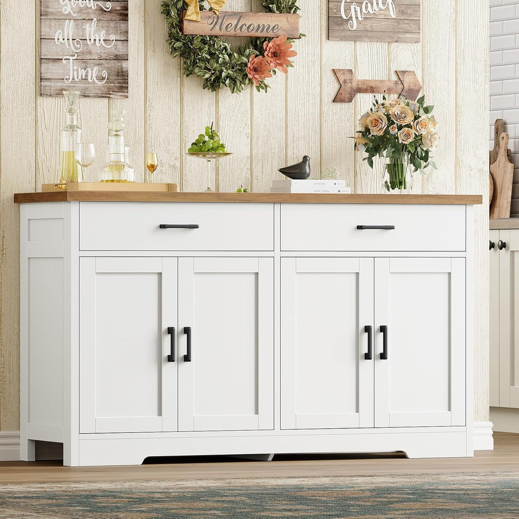 Buffet Cabinet with Storage and 2 Drawers, Large Sideboard Buffet Cabinet with Adjustable Shelves and Doors, Modern Coffee Bar Cabinet, White