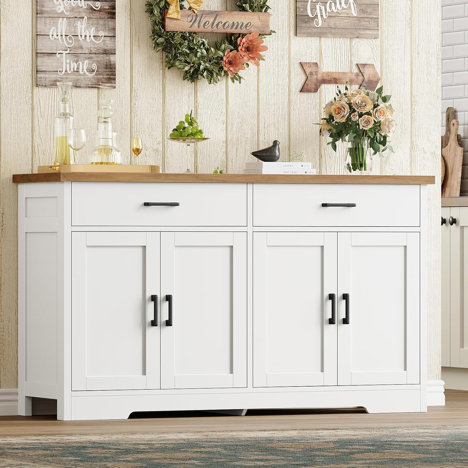 Buffet Cabinet with Storage and 2 Drawers, Large Sideboard Buffet Cabinet with Adjustable Shelves and Doors, Modern Coffee Bar Cabinet, White