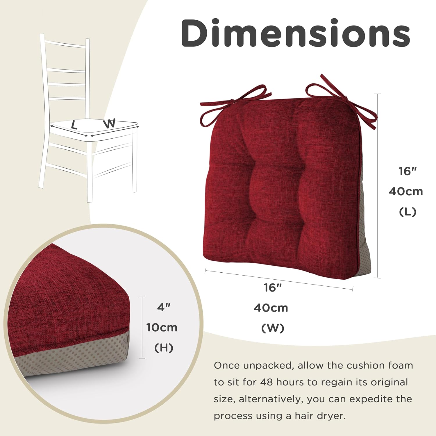 AddGrace Extra Thick Chair Cushions for Dining Chairs Set of 4 Non-Slip Kitchen Chair Pads Soft Dining Room Seat Cushion with Ties 16" x 16" x 4" Dark Green