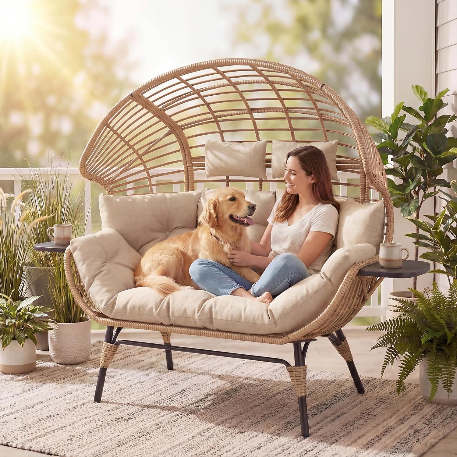 Double Wicker Egg Chair Outdoor Indoor - 2-Person Oversized Loveseat with 8" Thickened Paded Cushion - 700 lbs Weight Capacity Patio Lounge Chair for Balcony Porch Backyard (Beige Radial)