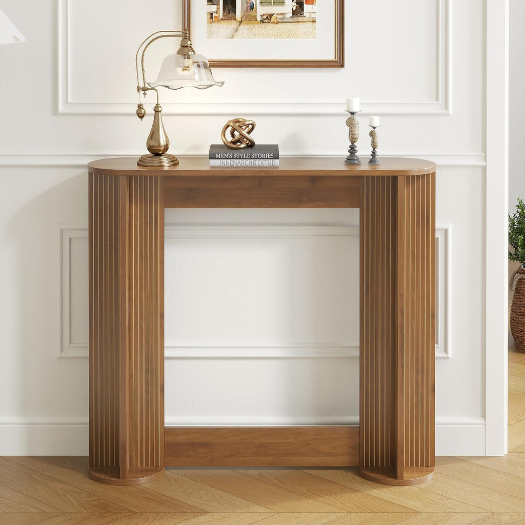 35 Inch Small Narrow Console Table Behind Couch, Mid-Century Modern Fluted Skinny Entryway Table, Slim Sofa Table for Hallway, Living Room, Wood, Brown, Walnut