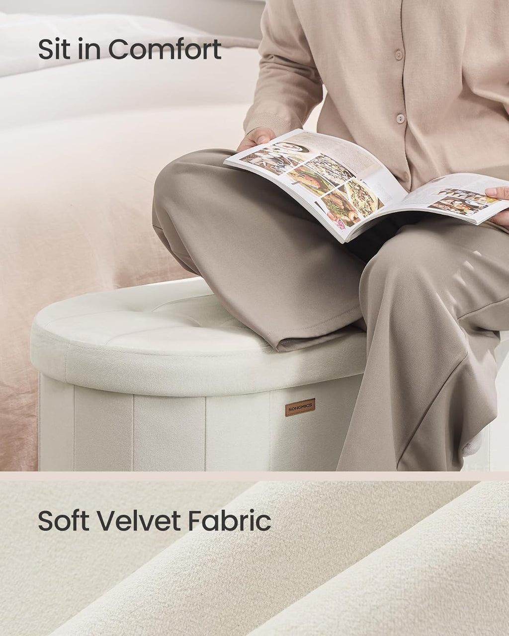 SONGMICS Mazie Collection - Folding Ottoman with Storage, Oval Storage Ottoman Bench, for Living Room, Bedroom, Velvet Fabric, 15 x 30 x 15 Inches, Cream White ULSF267LH01