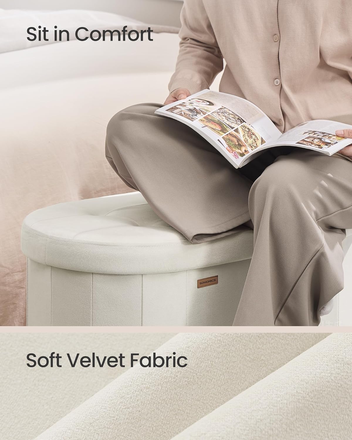 SONGMICS Mazie Collection - Folding Ottoman with Storage, Oval Storage Ottoman Bench, for Living Room, Bedroom, Velvet Fabric, 15 x 30 x 15 Inches, Cream White ULSF267LH01