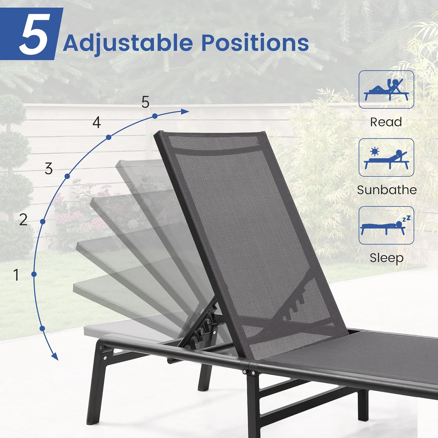 Murago Outdoor Chaise Lounge Chair Set of 2, Foldable Lightweight Patio Lounge Chair with Assembly-Free, 5-Position Adjustable Backrest, Pool Lounge Chairs for Poolside, Beach, Patio, Lawn, Dark Grey
