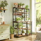 SUPERJARE Large Bakers Rack with Power Outlets, 6-Tier Microwave Stand, Coffee Bar with 12 S-Shaped Hooks, Kitchen Shelf with Wire Basket, 39.4 x 14.6 x 66.9 Inches, Rustic Brown