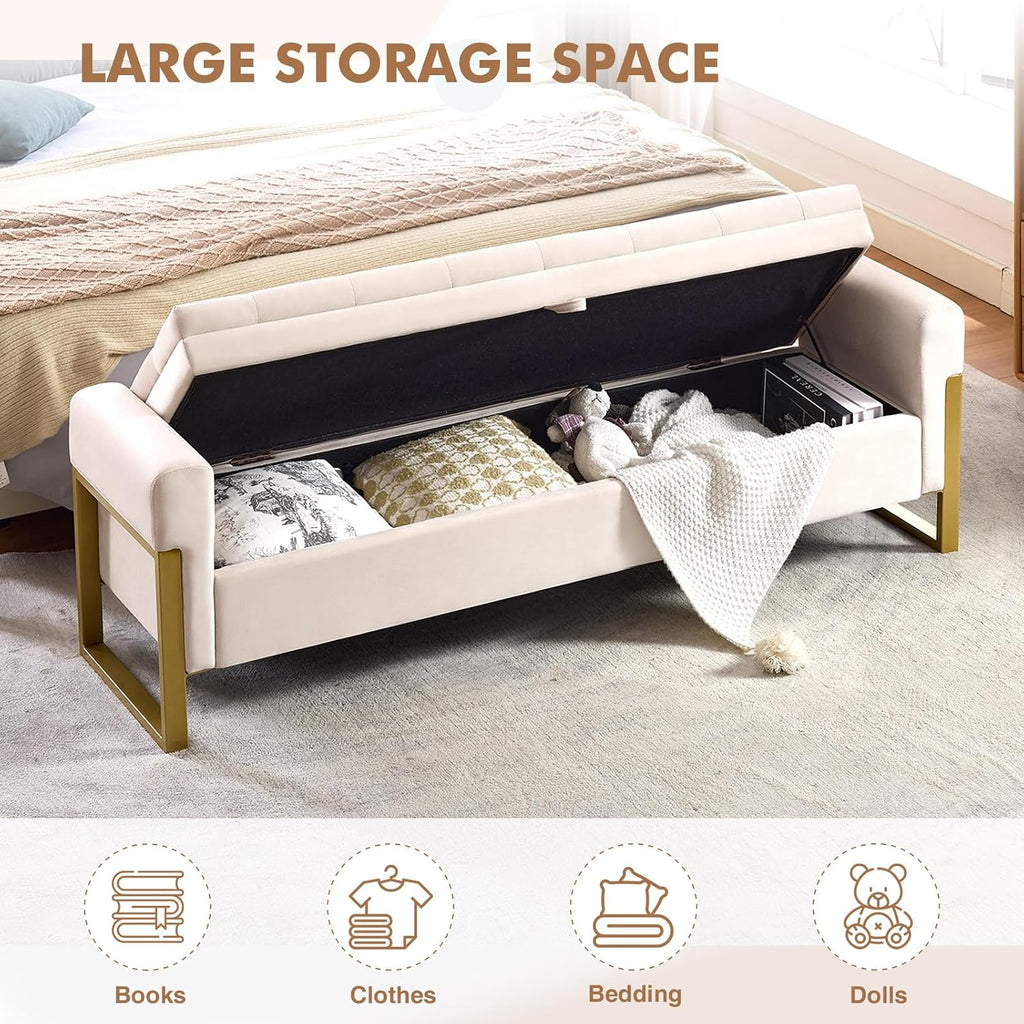 67" Storage Bench for Bedroom, King Size End of Bed Bench, Upholstered Storage Ottoman Bench with Golden Metal Legs, Bedroom Bench for Entryway, Beige