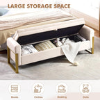 67" Storage Bench for Bedroom, King Size End of Bed Bench, Upholstered Storage Ottoman Bench with Golden Metal Legs, Bedroom Bench for Entryway, Beige