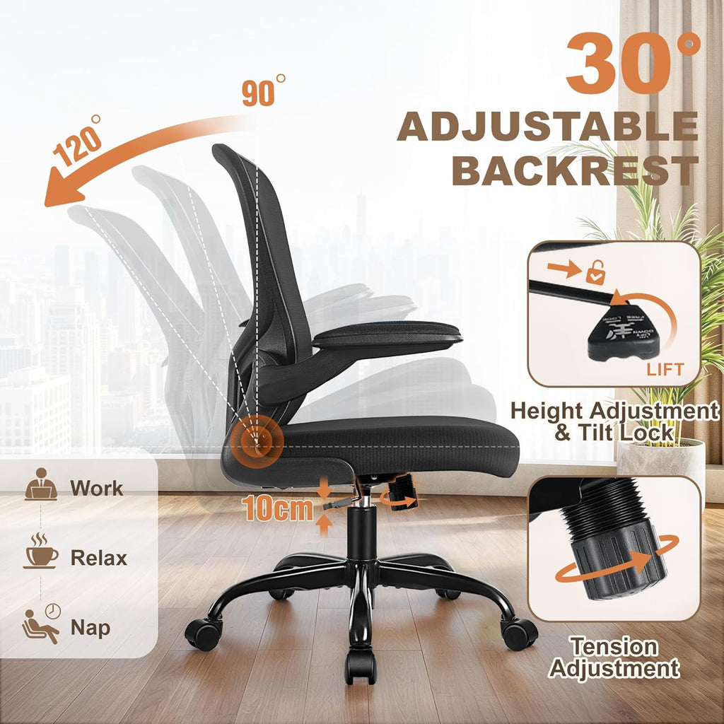FelixKing Office Chair, Ergonomic Desk Chair with Wheels, Adjustable Lumbar Support & Height, 360° Swivel Mesh Computer Chair with Flip-up Arms (Black)