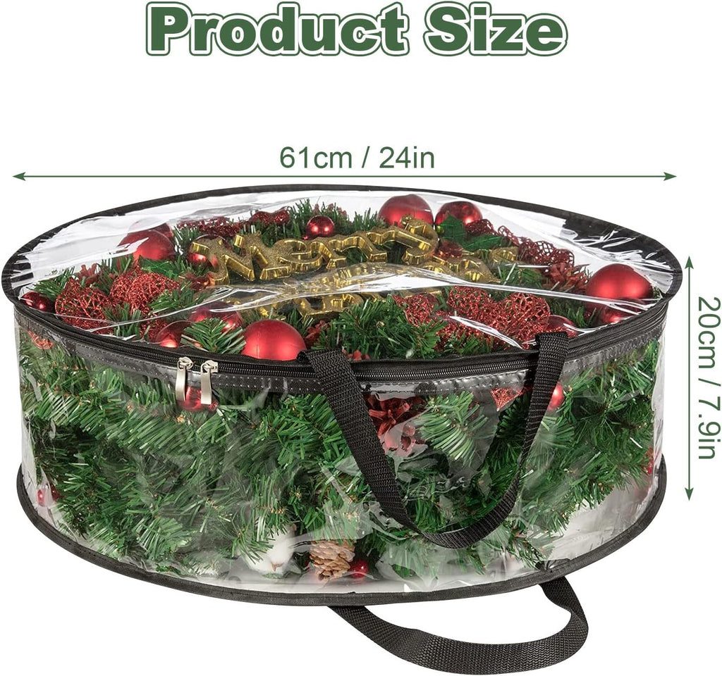 4 PCS Clear Wreath Storage Bag, 24x8 Inch Christmas Wreath Storage Container, Heavy Duty PVC Wreath Protector with Handle for Xmas Holiday Seasonal Wreath Garland (Black)