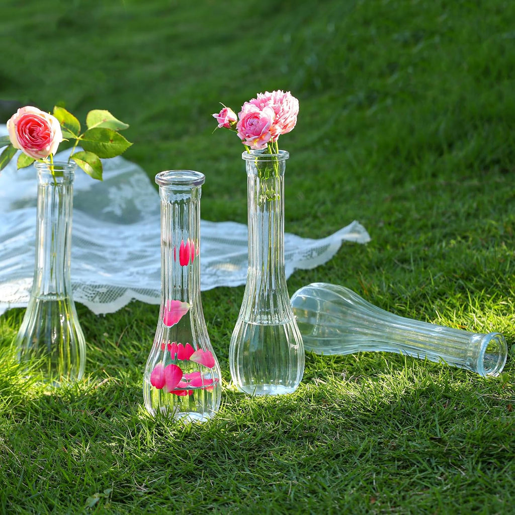Glass Bud Vases for Centerpiece,12 Pcs Small Clear Ribbed Flower Vases for Weddings, Parties, Home Decor (8.5" Tall, Bulk Set) - Minimalist Table Vase for Roses, Pampas Grass, DIY Arrangements