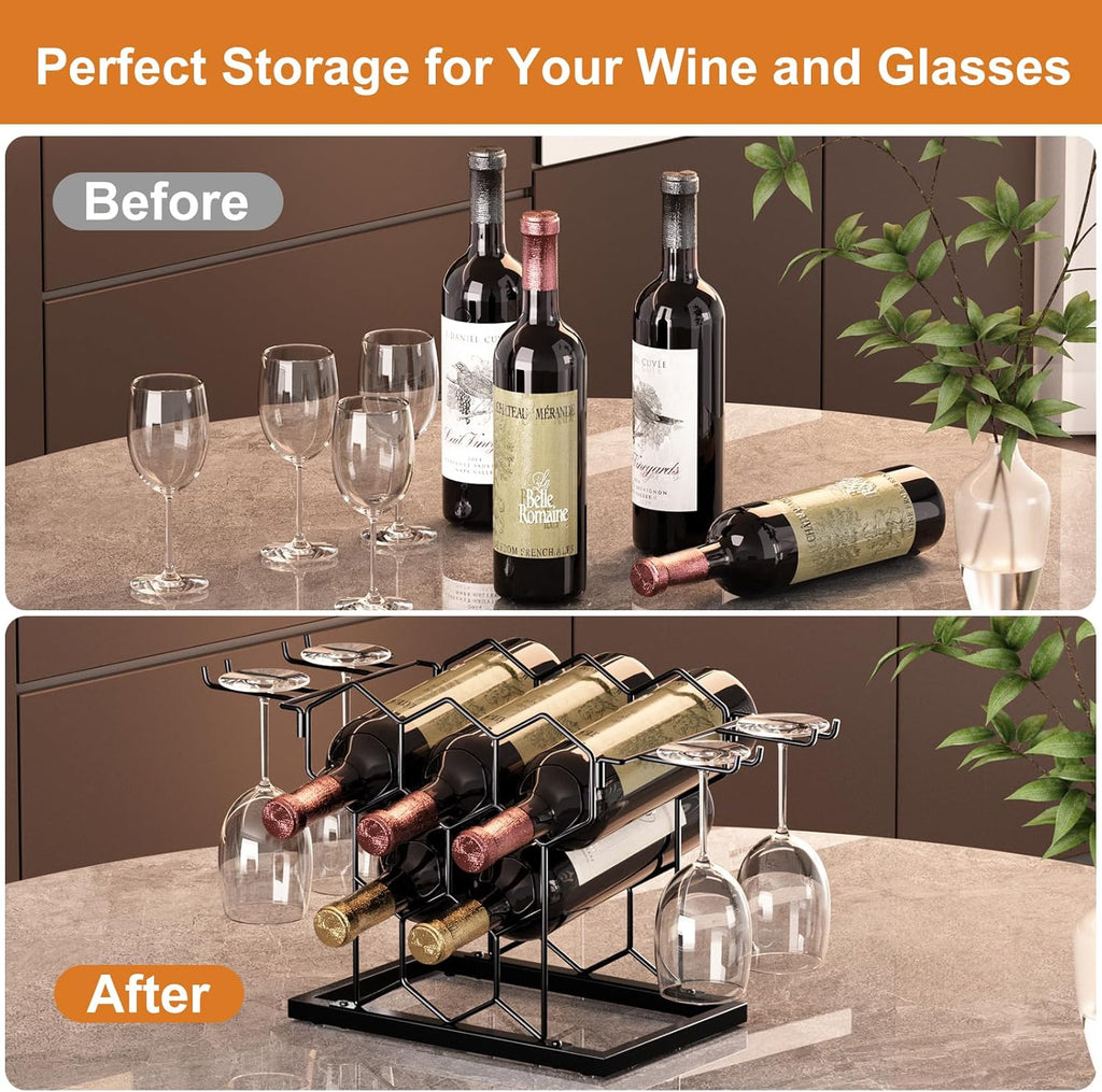 B4Life Countertop Wine Rack 3 Tier, Wine Rack with Glass Holder 8 Bottles, Freestanding Small Liquor Holder Metal, Tabletop Bottle Storage Stand for for Home, Kitchen, Bar, Cellar (Black, 8 Bottles)