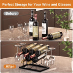 B4Life Countertop Wine Rack 3 Tier, Wine Rack with Glass Holder 8 Bottles, Freestanding Small Liquor Holder Metal, Tabletop Bottle Storage Stand for for Home, Kitchen, Bar, Cellar (Black, 8 Bottles)