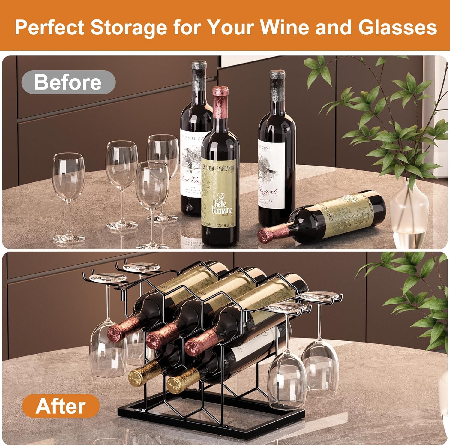 B4Life Countertop Wine Rack 3 Tier, Wine Rack with Glass Holder 8 Bottles, Freestanding Small Liquor Holder Metal, Tabletop Bottle Storage Stand for for Home, Kitchen, Bar, Cellar (Black, 8 Bottles)