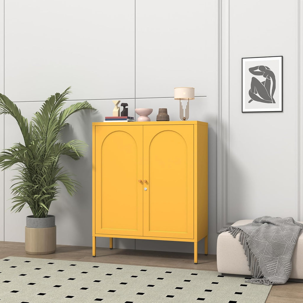 36" H Metal Sideboard Buffet Cabinet with Lockable Doors, Arched Door Design, 2 Adjustable Shelves, Cold-Rolled Steel Accent Storage Cabinet for Entryway, Living Room, Hallway Yellow