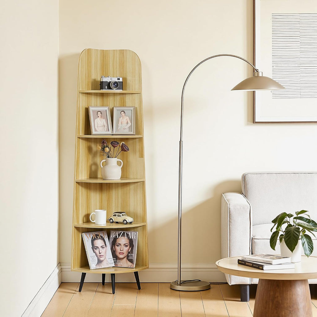 VECELO Large Corner Shelf - 66.93" Tall 5-Tier Organizer, Modern Corner Bookshelf for Display & Storage, Home Decor for Living Room, Bedroom, Natural Wood