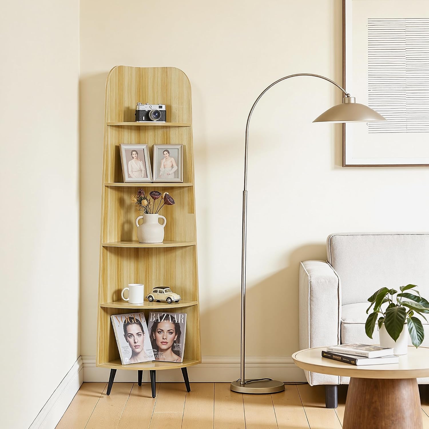 VECELO Large Corner Shelf - 66.93" Tall 5-Tier Organizer, Modern Corner Bookshelf for Display & Storage, Home Decor for Living Room, Bedroom, Natural Wood