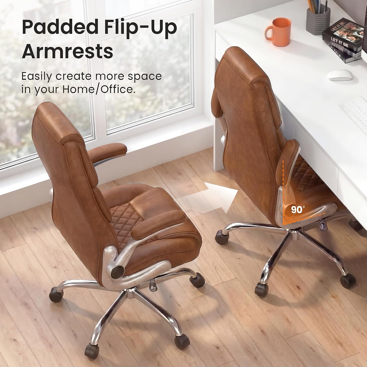 NEO CHAIR Executive Office Chair High Back Ergonomic Computer Desk Chair with Adjustable Lumbar Support Padded FILP-up Arms PU Leather Comfy Task Tilt Swivel for Home (Brown)