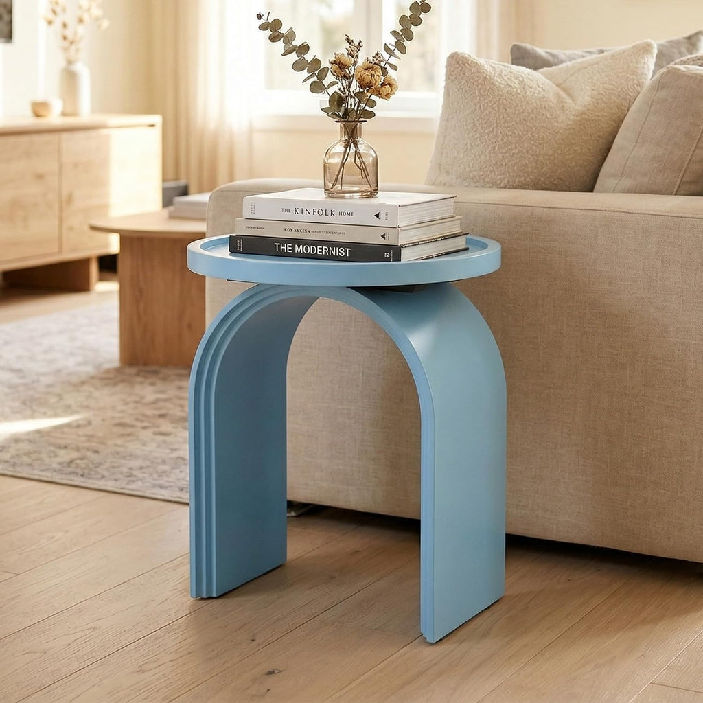 ROCITY Round Side Table, Modern Wood End Table with Sturdy Base, Small Blue Drink Table for Living Room, Bedroom and Small Spaces