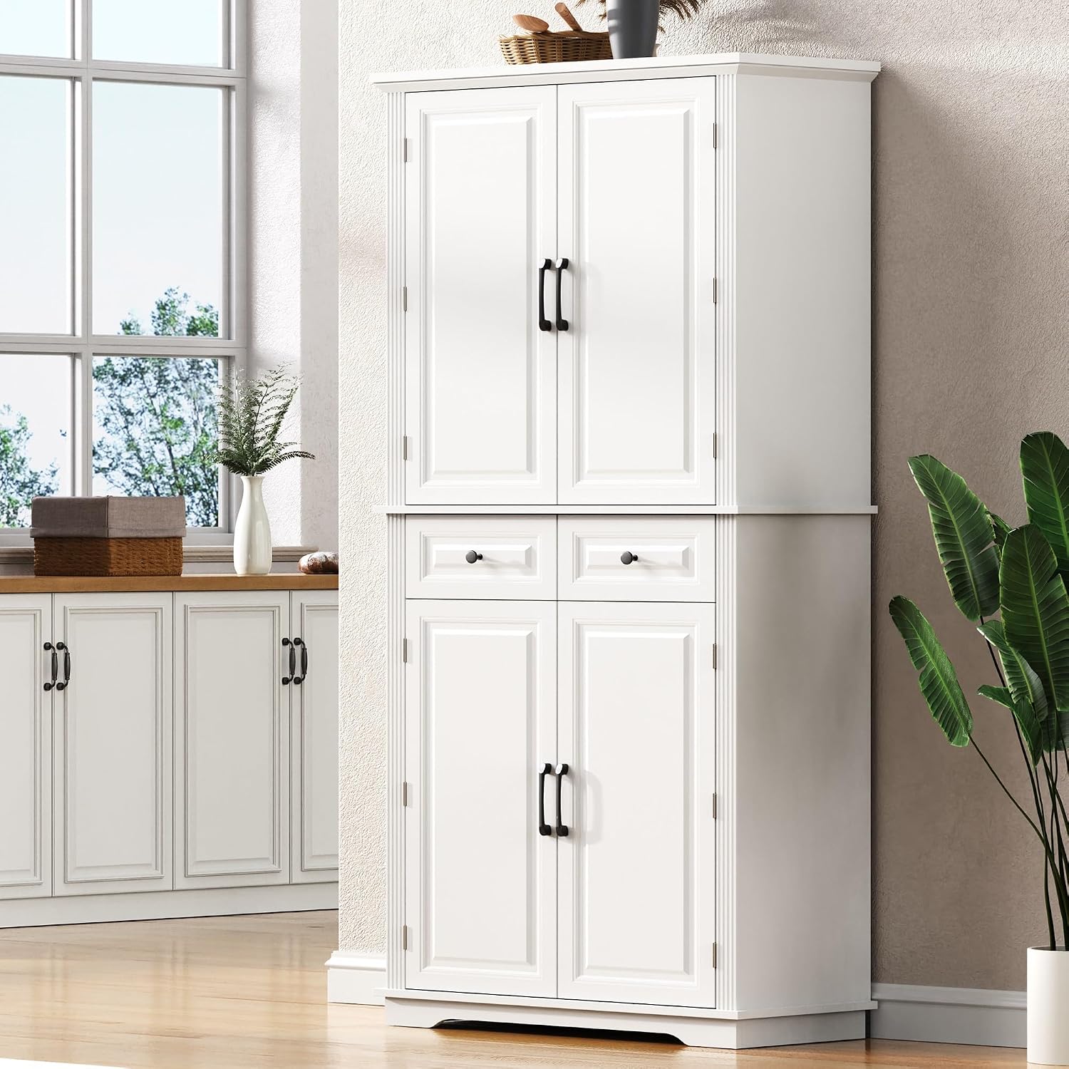 71" Tall Kitchen Pantry Cabinet with 3 Pull Out Cabinet Organizers, Farmhouse Pantry Storage with 6 Door Shelves, 2 Drawers, Freestanding Cupboard for Kitchen, Dining Room White