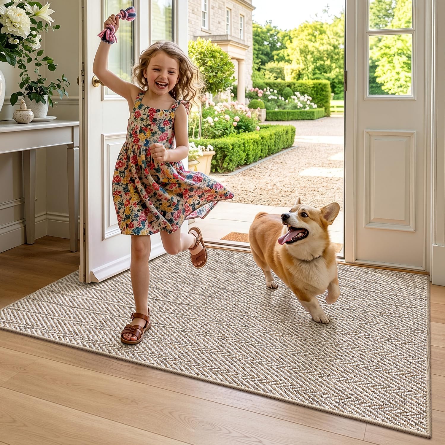 LUMI Ultra Thin Indoor Door Mat for Entrance 24"x36", Non Slip Entryway Mat, Low Profile Doormat, Unique Herringbone Design Carpet for Inside, Patio, Porch, Beige