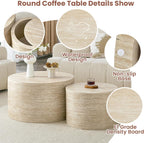 LKTART Round Nesting Coffee Table Set of 2， Modern Small Circle Coffee Table Travertine Side Table End Table Circular Coffee Tables Drum Nested Coffee Tables for Living Room