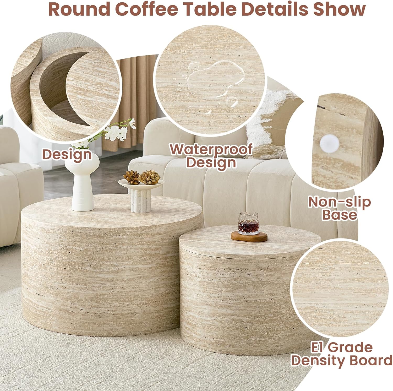 LKTART Round Nesting Coffee Table Set of 2， Modern Small Circle Coffee Table Travertine Side Table End Table Circular Coffee Tables Drum Nested Coffee Tables for Living Room