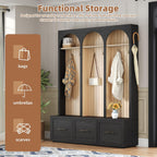 Merax Farmhouse Wood Hall Tree with 8 Hooks and Storage Shoe Bench, Arched Mudroom Versatile Coat Racks with 3 Drawers, Entrance Organizer for Hallway Black