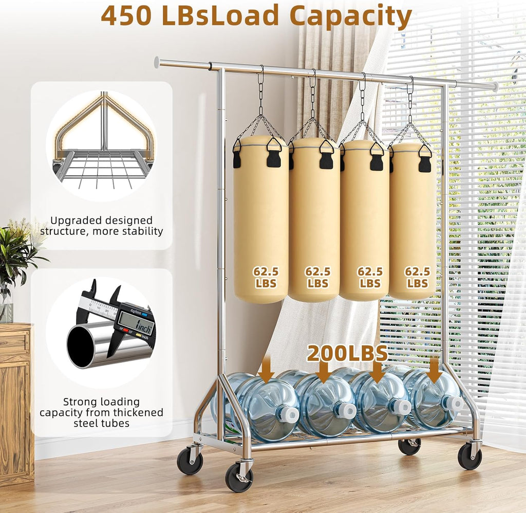 Simple Trending Heavy Duty Clothes Rack Load 450 LBS, Clothing Rack for Hanging Clothes, Garment Rack with Wheels & Shelves, for the Bedroom, Laundry Room