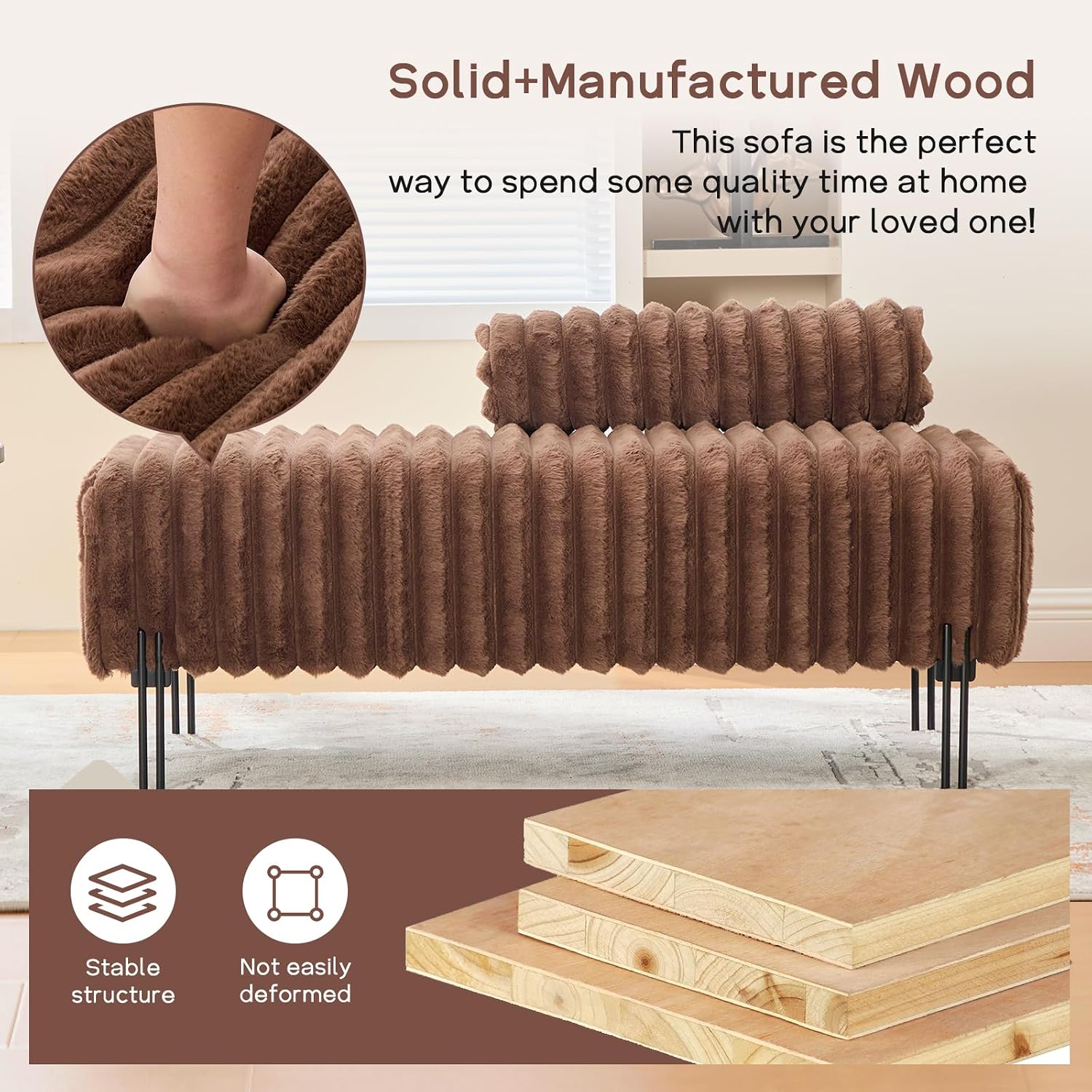 NIOIIKIT 49.6" Modern Loveseat Sofa Couch, Upholstered Accent Sofa with Golden Legs and Adjustable Backrest, Small Faux Fur Couches for Bedroom, Living Room, Compact Small Space (Brown)