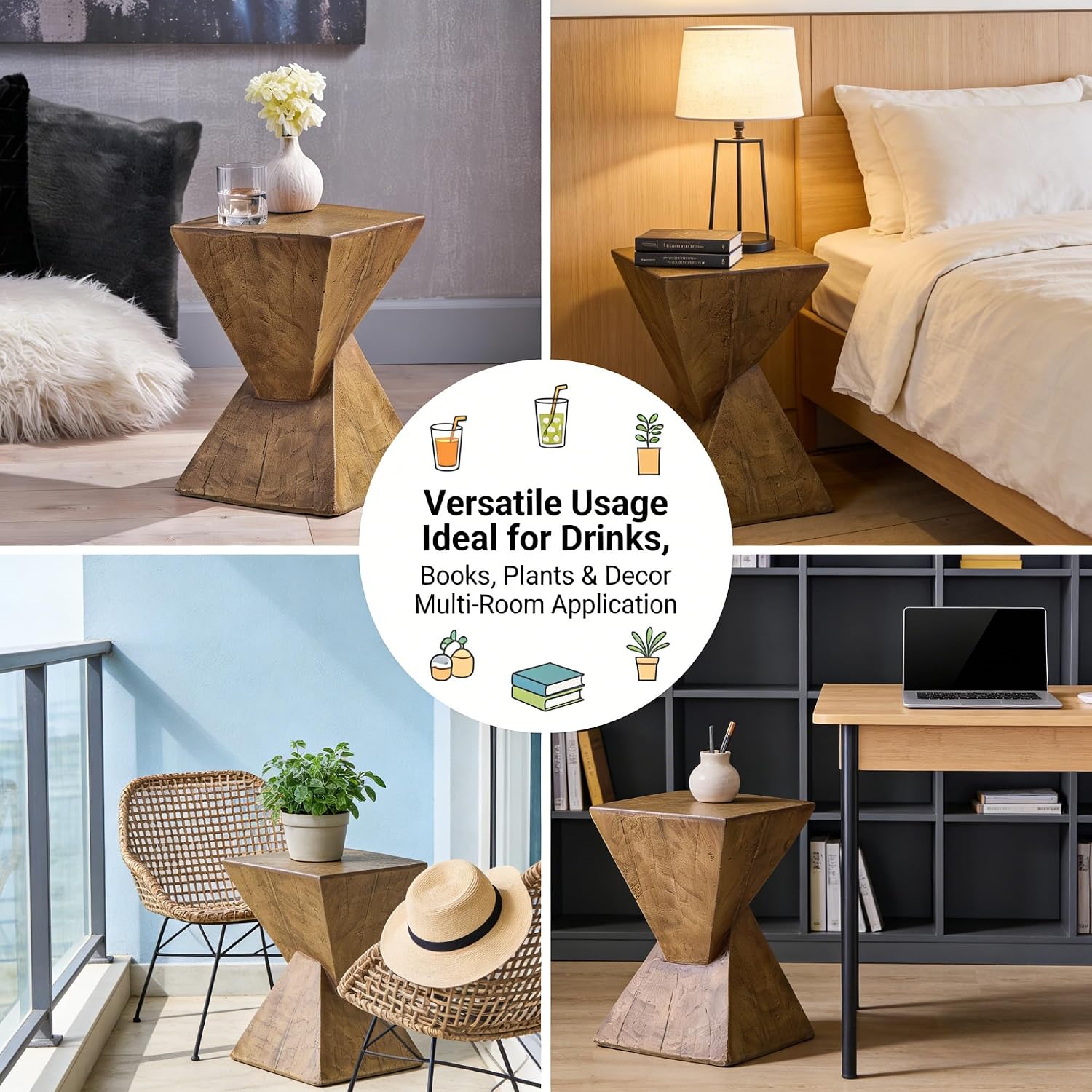 Modern Side Table with Geometric Design, Stylish Accent End Table for Living Room & Bedroom, Contemporary Black Accent Furniture for Home Decor (Natural)