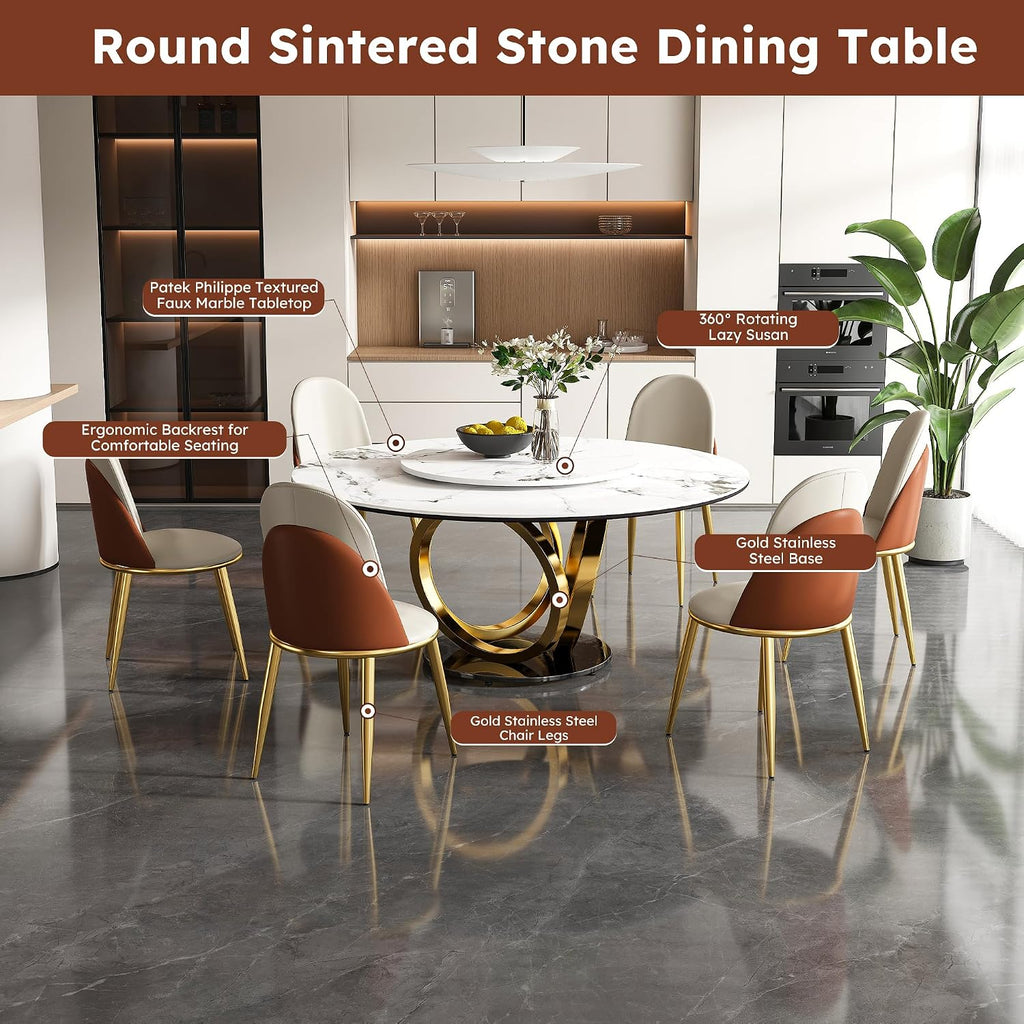 9-Pcs Round Dining Table Set with 31.5" Removable Lazy Susan, Modern Marble Dining Room Table Set of 8, Luxury 59" D Sintered Stone Dining Table with 8 Chairs and Stainless Steel Base for Home Kitchen