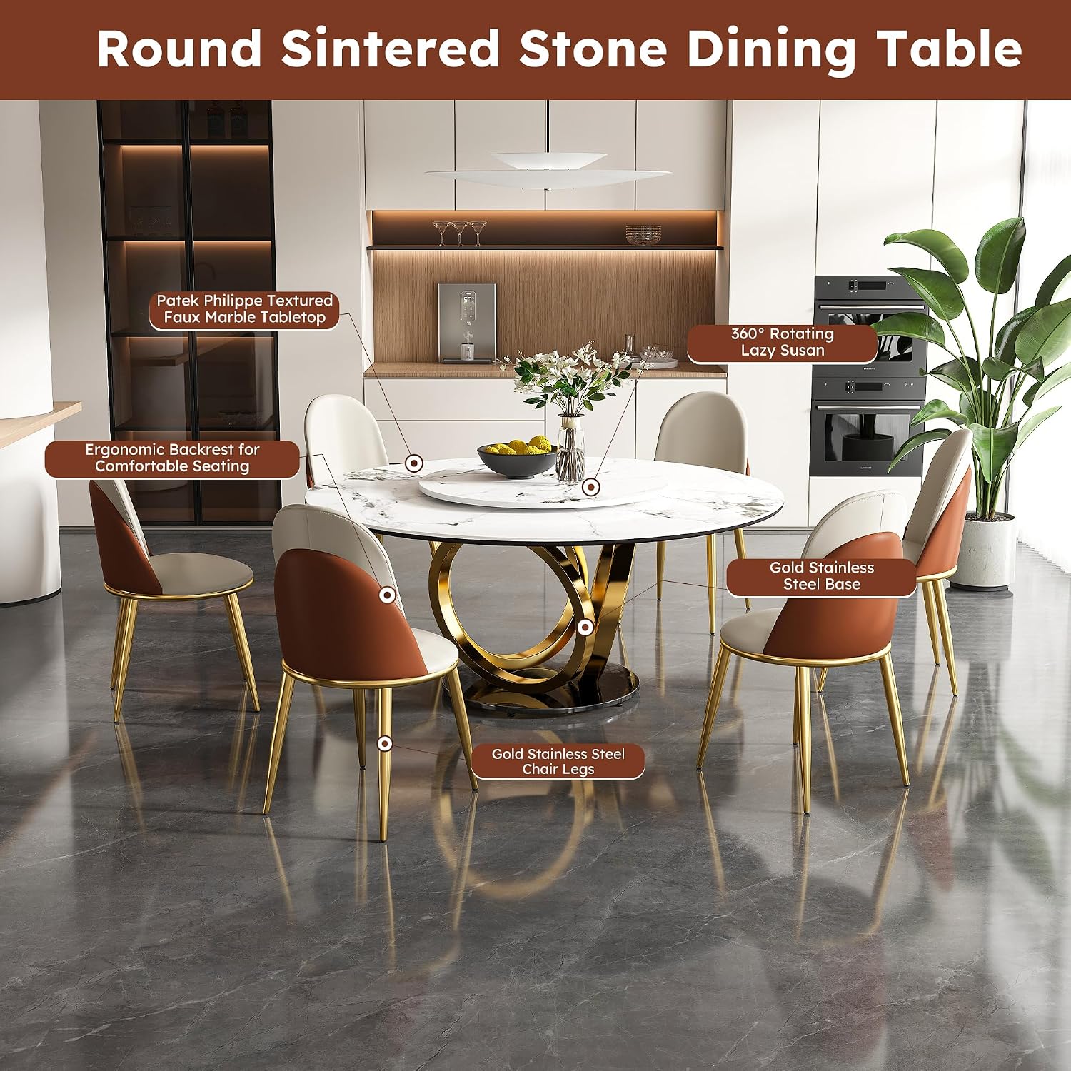 9-Pcs Round Dining Table Set with 31.5" Removable Lazy Susan, Modern Marble Dining Room Table Set of 8, Luxury 59" D Sintered Stone Dining Table with 8 Chairs and Stainless Steel Base for Home Kitchen