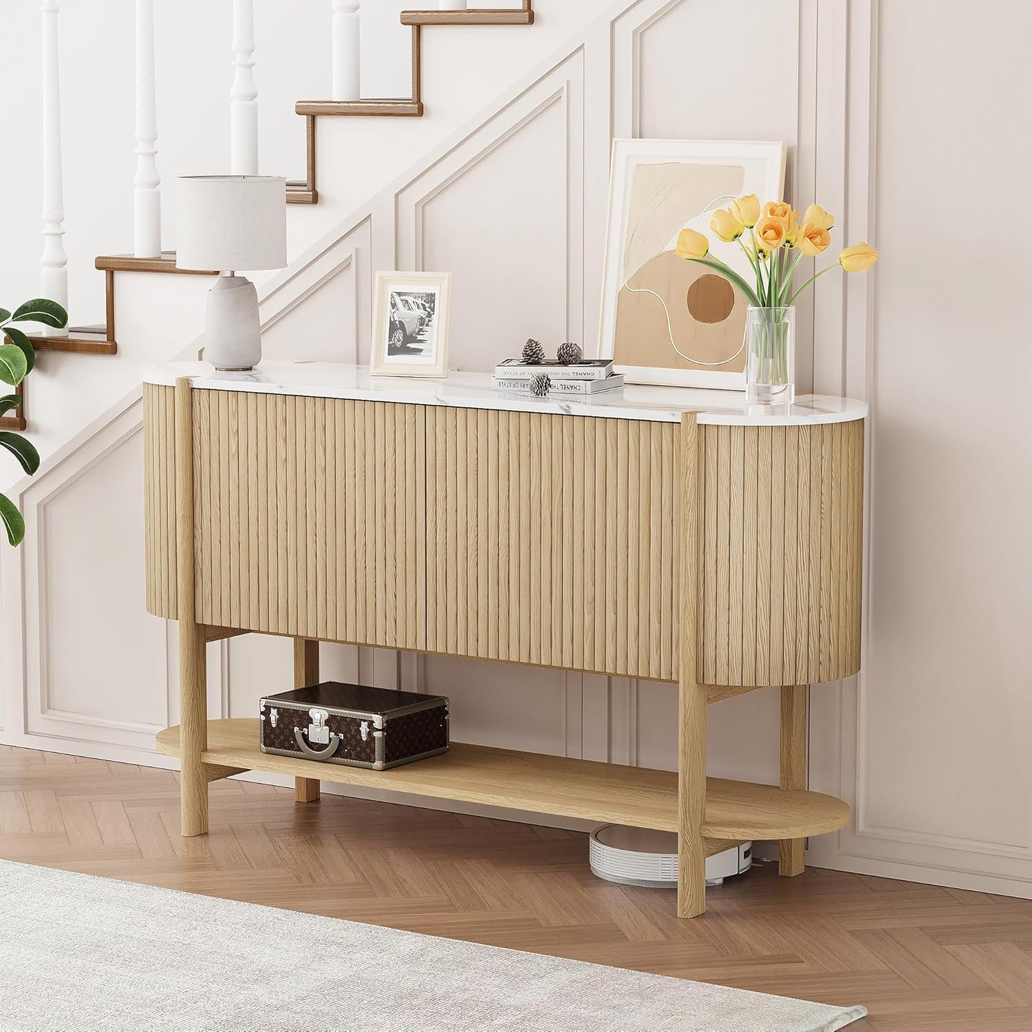 Console Table with Storage, Fluted Entryway Table with 2 Doors and Open Shelf, Long Sofa Table Behind Couch for Living Room, Hallway (Natural)