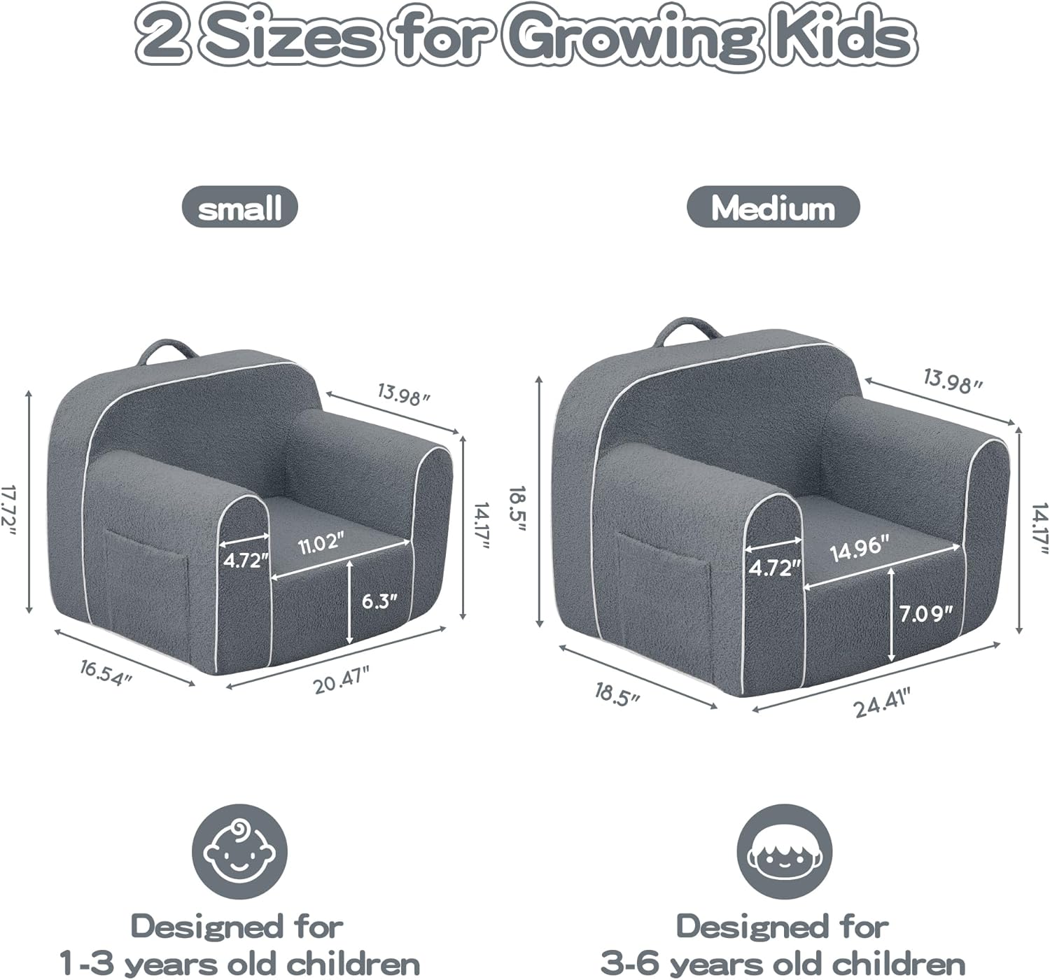 DAICO Soft Kids Bean Bag Chair with Armrests, Comfy Toddler Foam Sofa Chair for Boys and Girls, Toddler Play Couch for Reading Nook & Playing, Grey, Small
