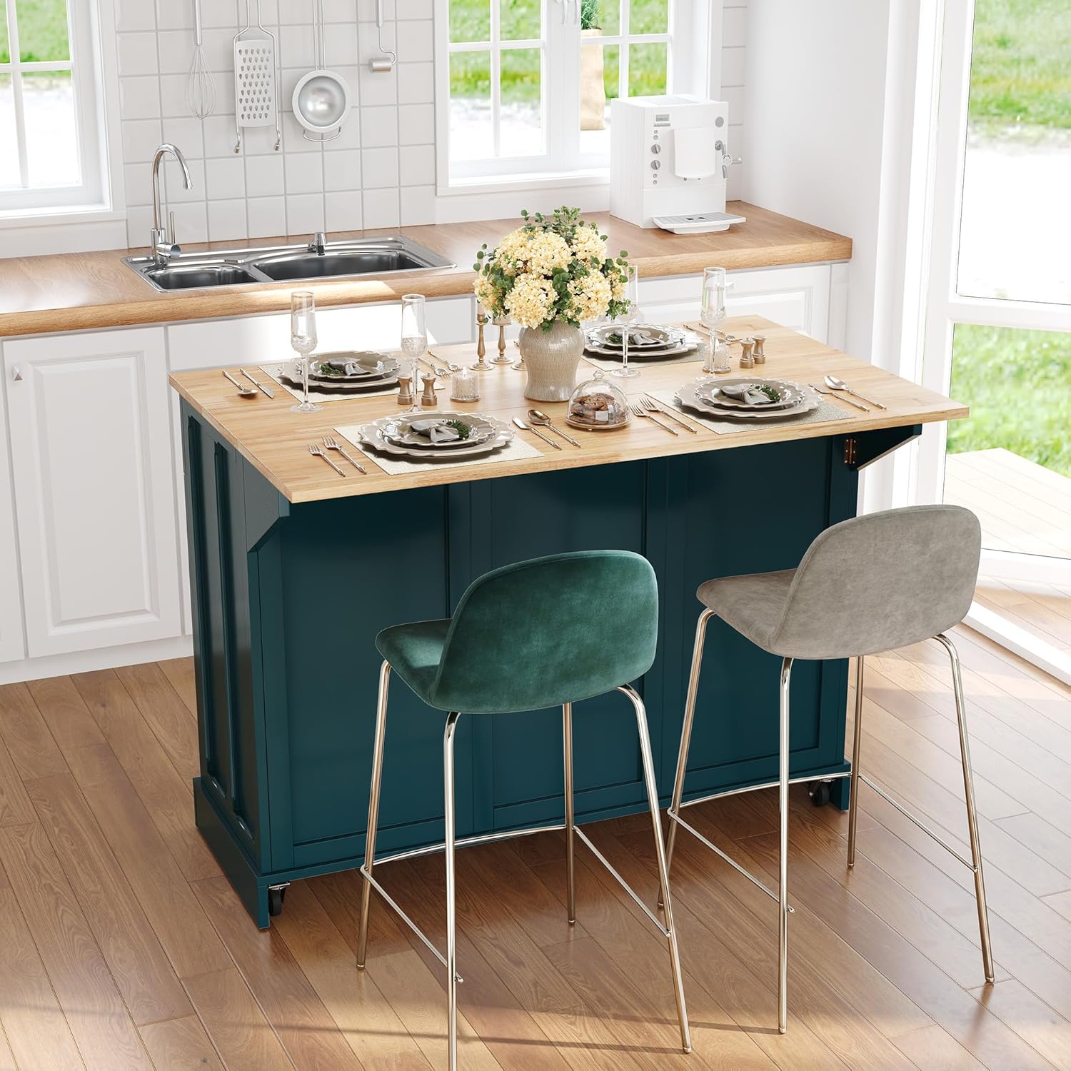 HLR Kitchen Island Cart with Storage, Carved Doors Modern Rolling Islands with Drop Leaf, Sideboard Buffet Cabinet on Wheels, Prep Table for Kitchen, Dining Room (Green)