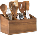 Wooden Utensil Holder Counter, Kitchen Utensil Organizer Large 6 Compartment Cooking Utensils Holder, Acacia Rustic Wood Farmhouse Storage Container Crocks for Silverware and Cooker Set