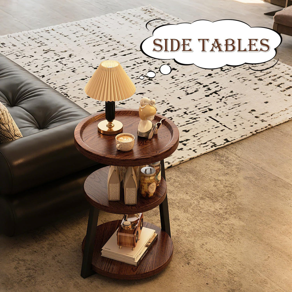 YUNMUARY-Walnut Wood Side Table,Modern Round Bed Tables Bedroom,Circle End Table with Storage,16 Inches Wide Small Couch End Tables for Kitchen,Hallway,Living Room,and Corners.