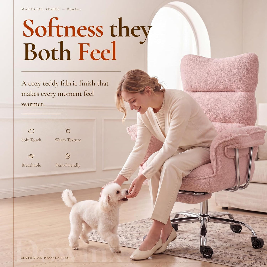 Dowinx Big and Tall Office Chair, Ergonomic Desk Chair with Thick Cushion, Wide Seat & Armrests Computer Gaming Chair,High Back Reclining Teddy Fleece Criss Cross Chair with Foot Rest, Pink