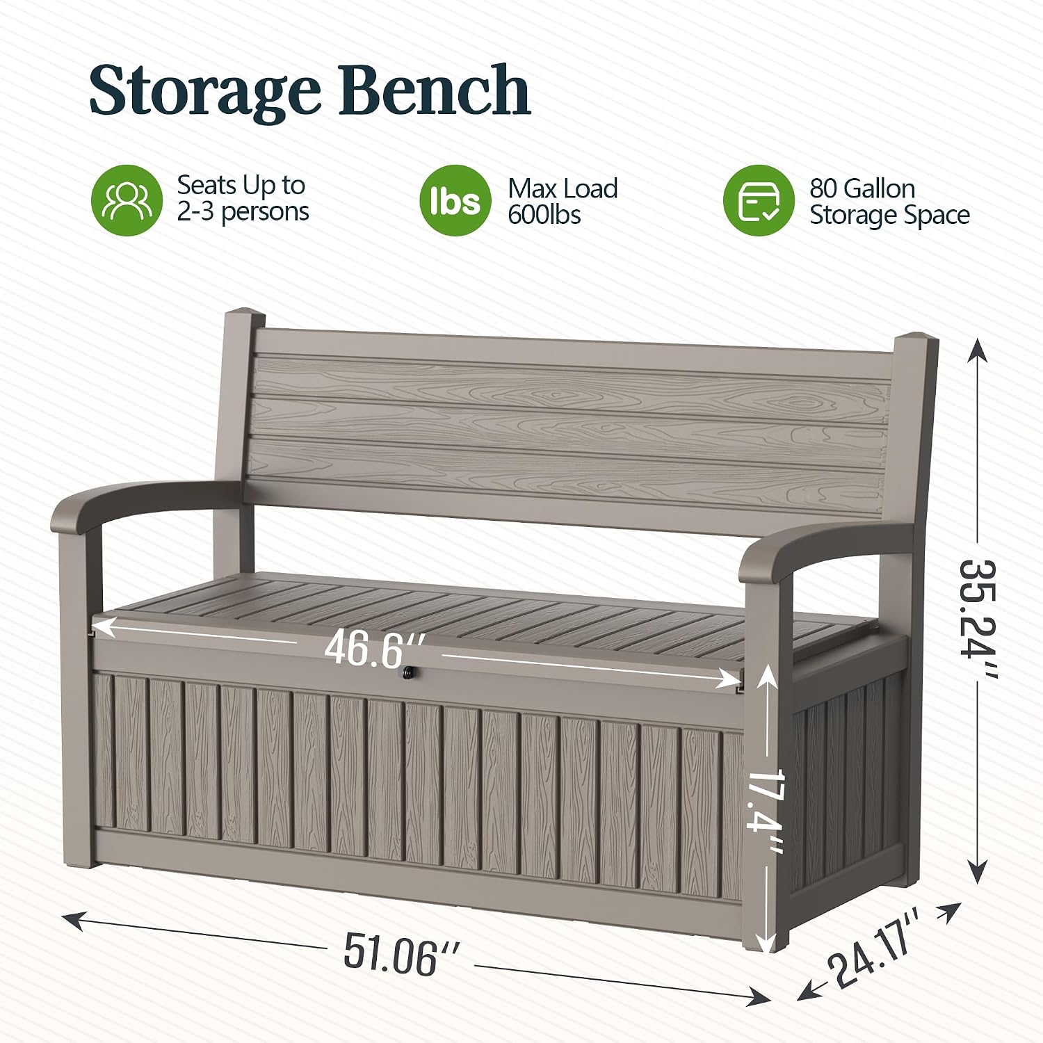 Outdoor Bench with Storage, Waterproof Garden Storage Bench, 100 Gallon Lockable Resin Deck Box, Weatherproof Bench Seating for Patio Yard Cushions Tools, Grey