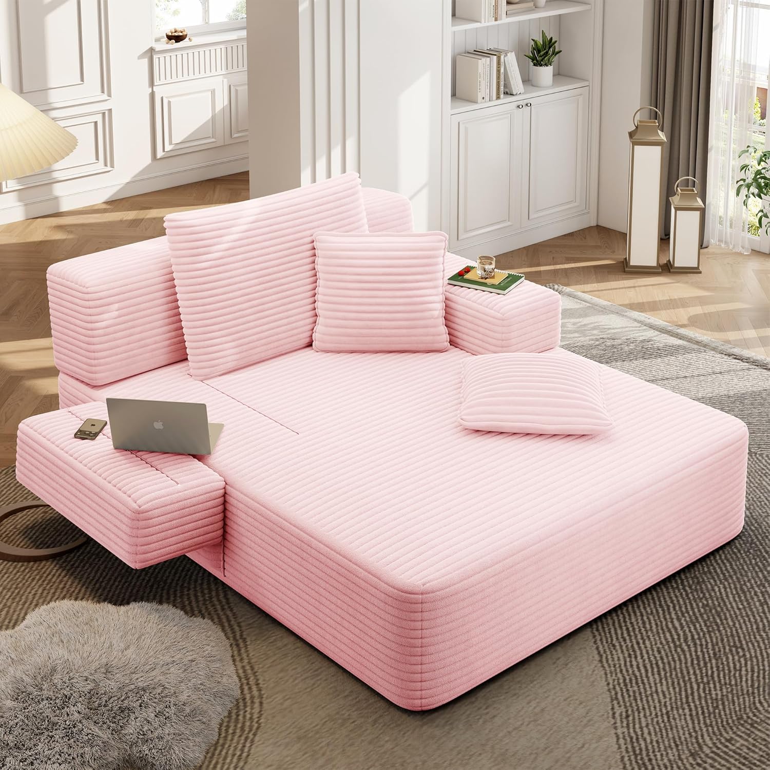 60.2" Oversized Chaise Lounge Chair, Boneless Corduroy Cloud Couch, Deep Seat Convertible Sofa Bed with 3 Pillows, Wide Armrests, Side Pocket, No Assembly (Baby Pink)