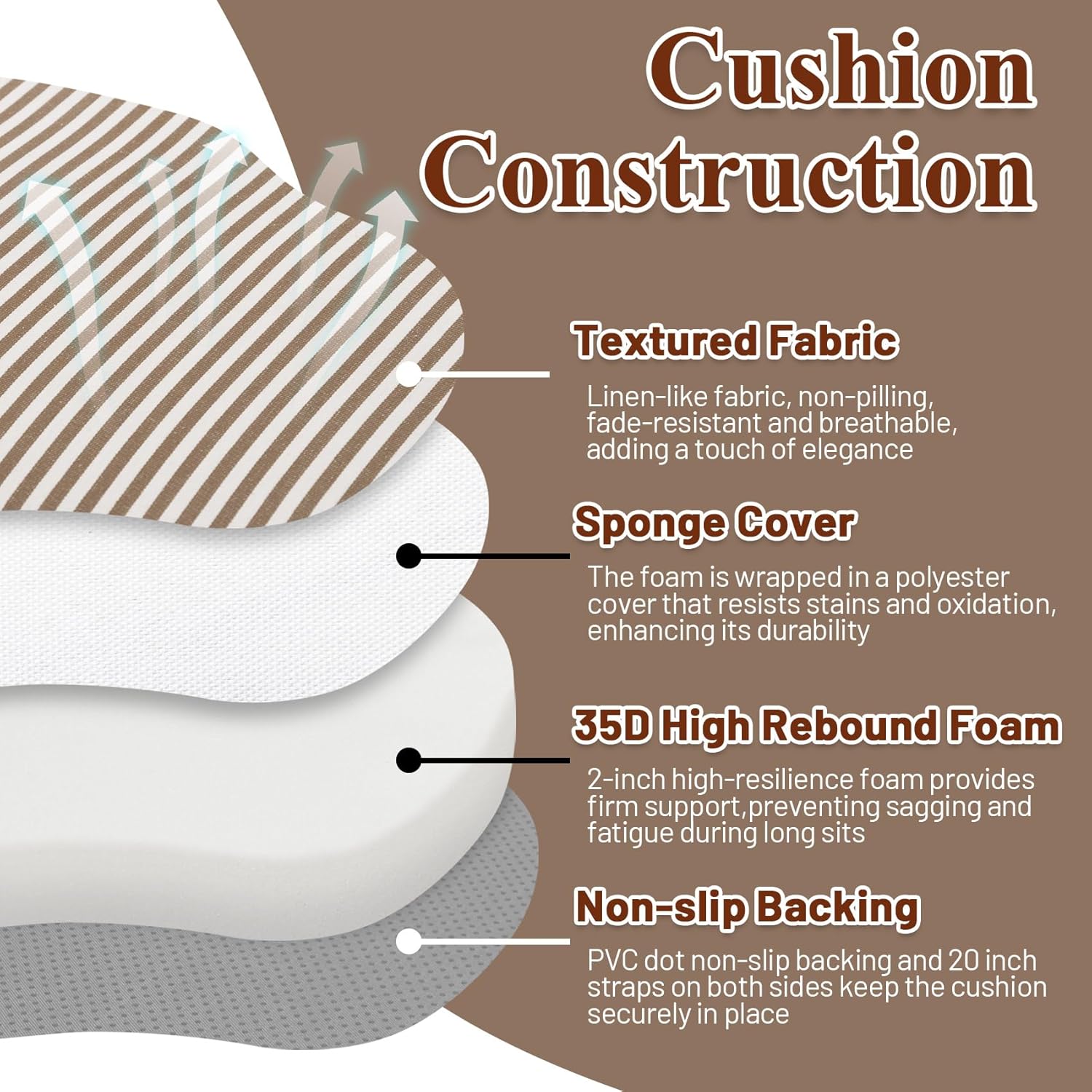 Brown Striped Winsor Chair Cushions with Ties, Dining Kitchen Chair Seat Pads Non Slip Removable Washable Cover 17"x16" Set of 2