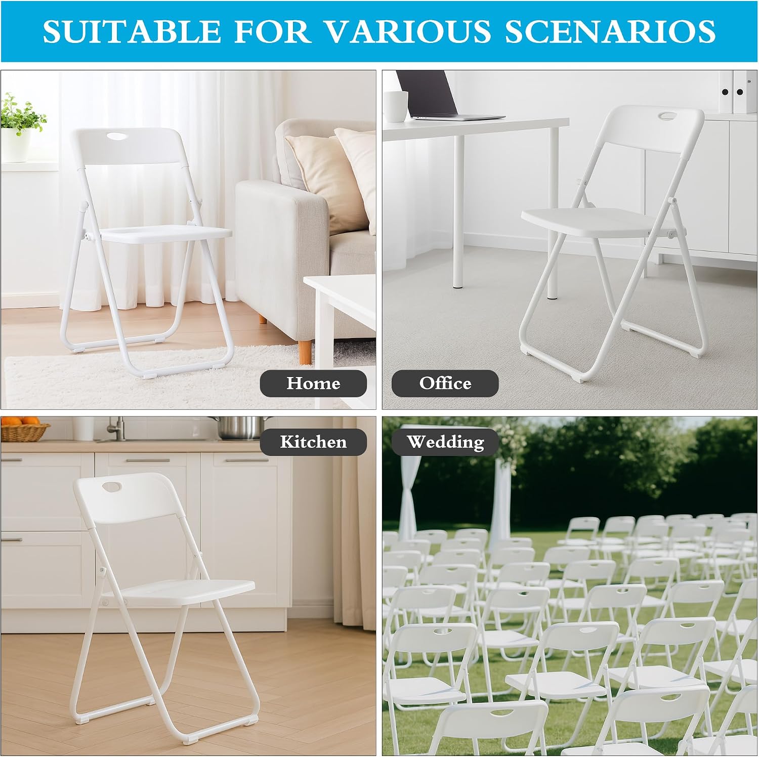 White Plastic Folding Chairs 6 Pack, Lightweight Foldable Chair with 350lbs Capacity, Metal Frame Easy to Fold & Store, Commercial Chairs for Parties Office Wedding Dinning Events
