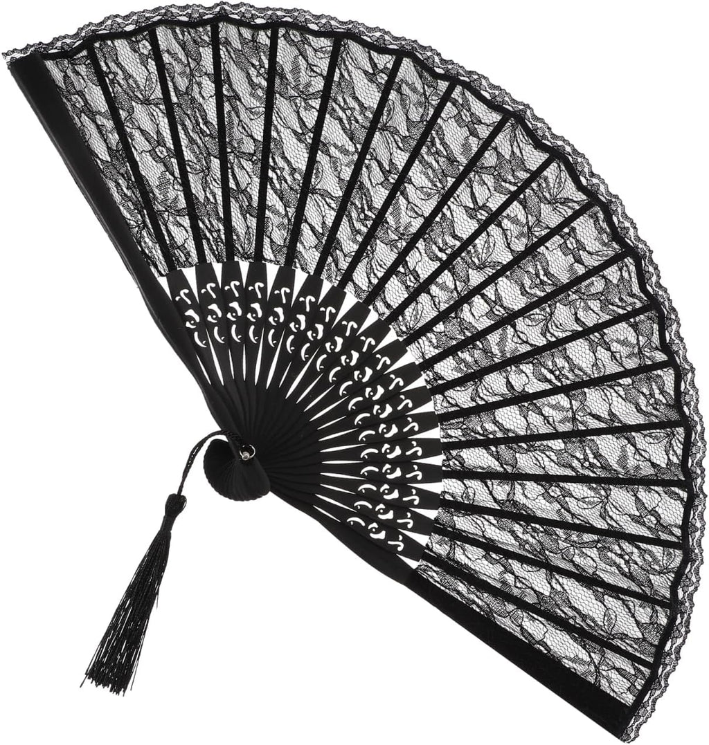 Sewroro Black Lace Folding Fan, Spanish Victorian Hand Fan, Bamboo Lace Foldable for Summer Wedding Party Favor And Fancy Dress