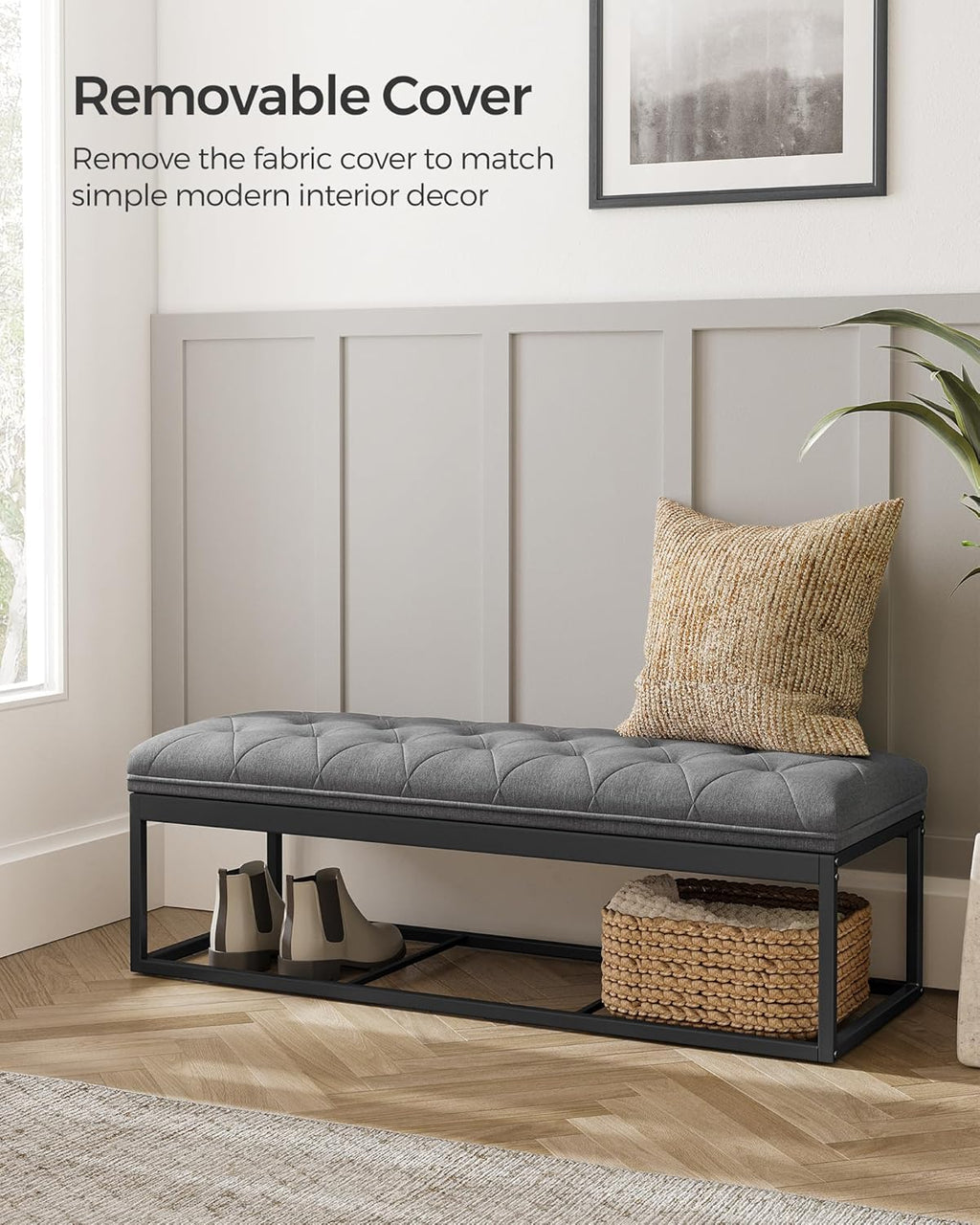 SONGMICS Storage Ottoman Bench, Foot Rest with Legs, 15.7 x 43.3 x 15.7 Inches, End of Bed Bench, Storage Chest, Load up to 660 lb, for Living Room, Bedroom, Entryway, Dark Gray ULSF088G01