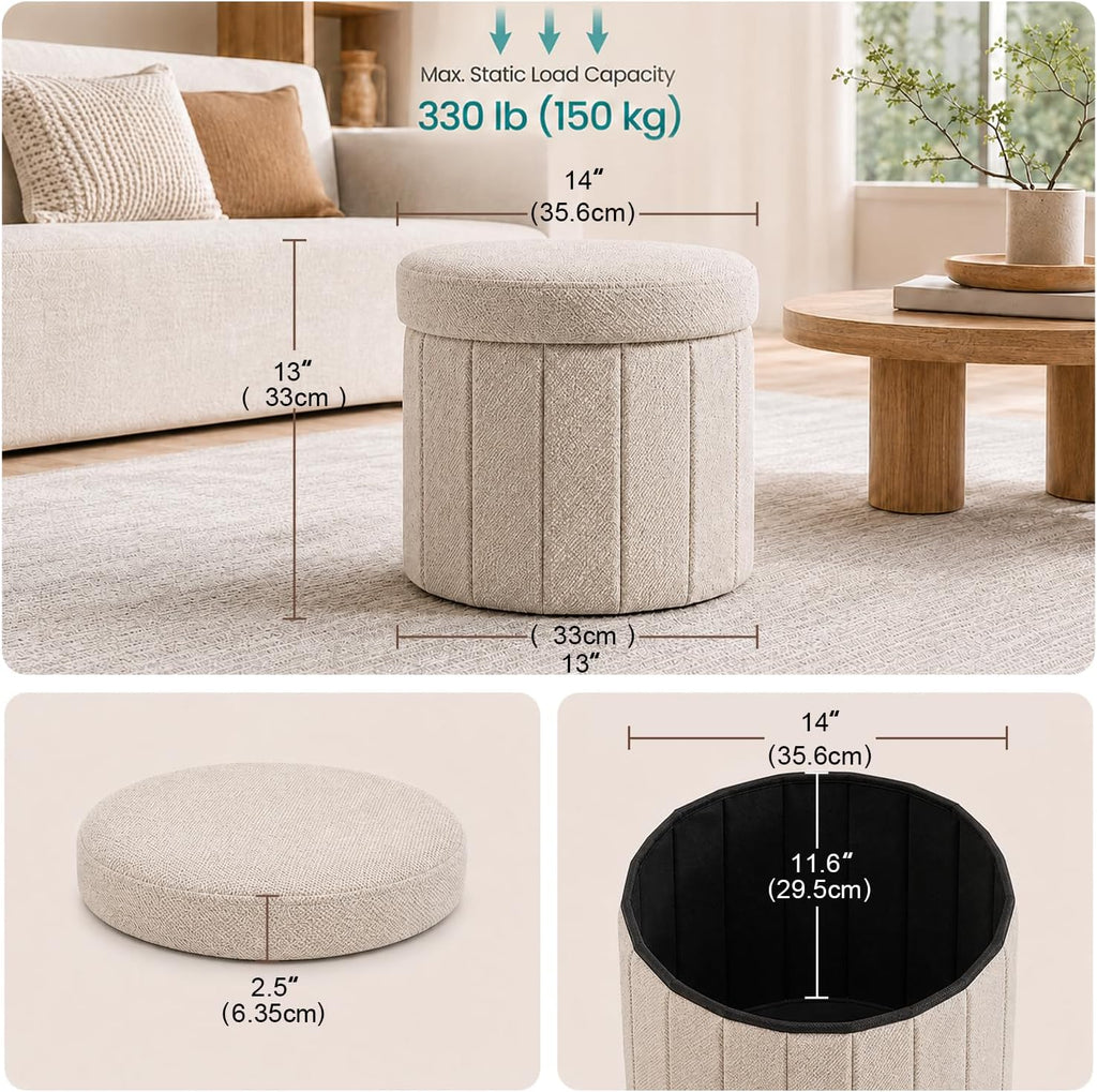 Abalter Round Storage Ottoman with Lid, Foldable Linen Storage Ottoman Bench with Large Storage Space, Collapsible Storage Stool Foot Rest Seat for Living Room Bedroom Entryway Closet(Beige)