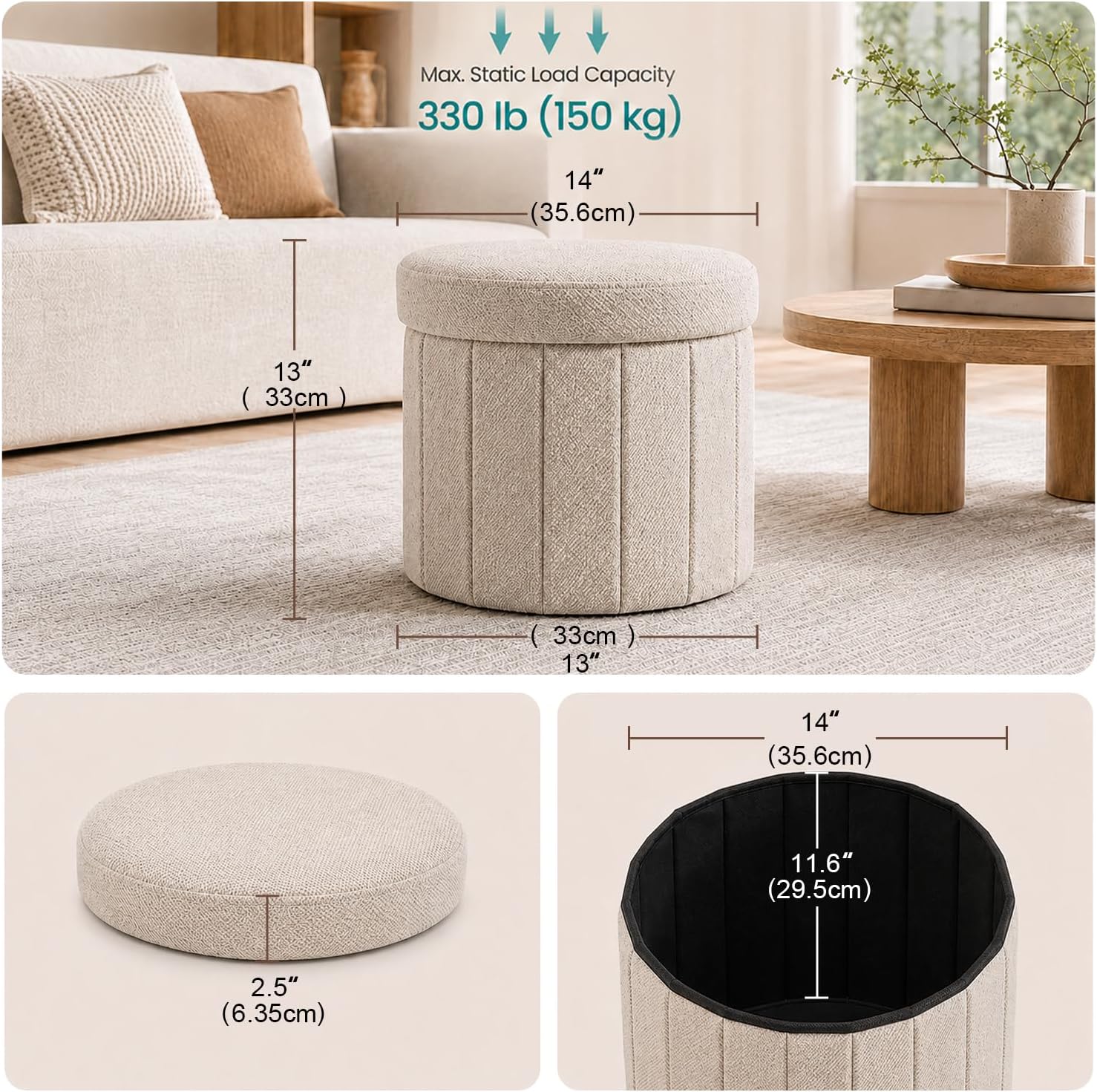 Abalter Round Storage Ottoman with Lid, Foldable Linen Storage Ottoman Bench with Large Storage Space, Collapsible Storage Stool Foot Rest Seat for Living Room Bedroom Entryway Closet(Beige)