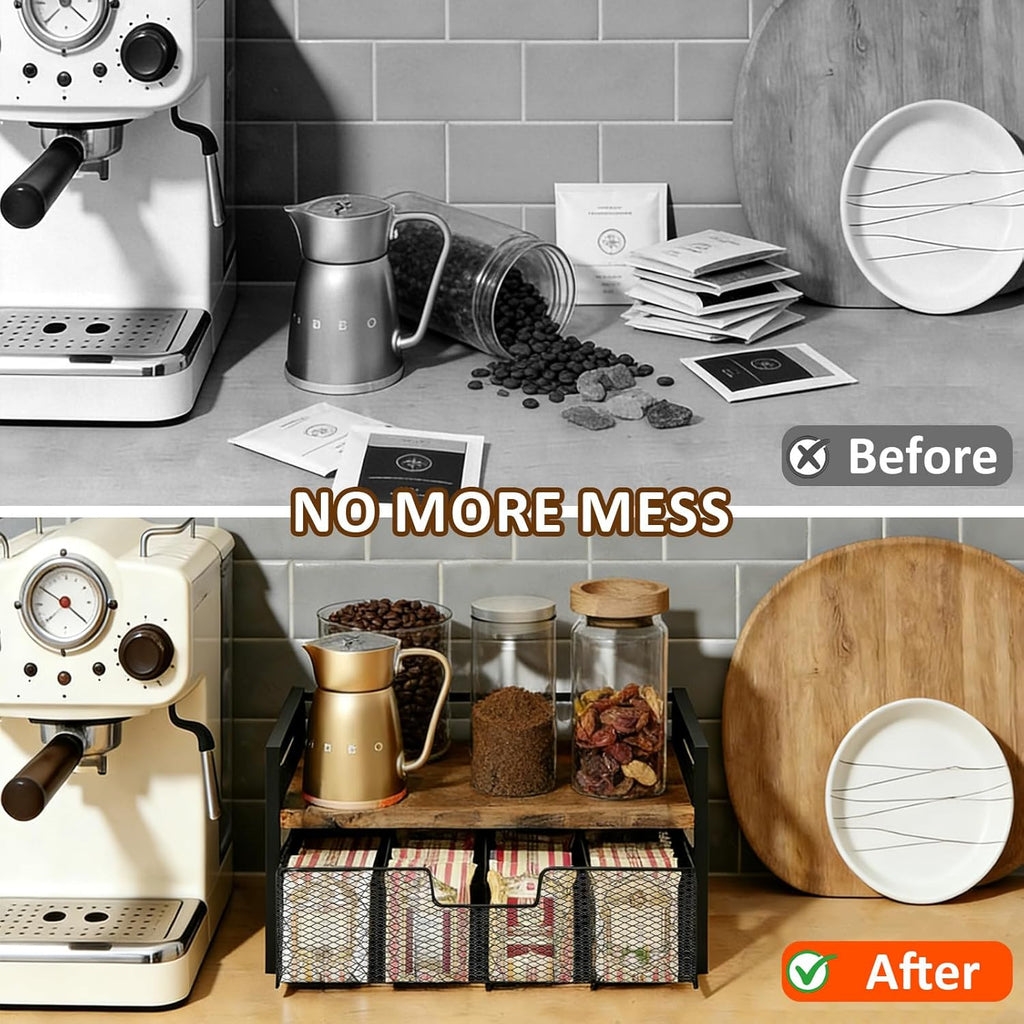 Tea Bag Organizer, Tea Bag Organizers and Storage with Drawer, Tea Bag Holder Natural Wood & Metal with 8 Compartments, Tea Storage Chest Container Box for Countertop Kitchen with 4 Hooks
