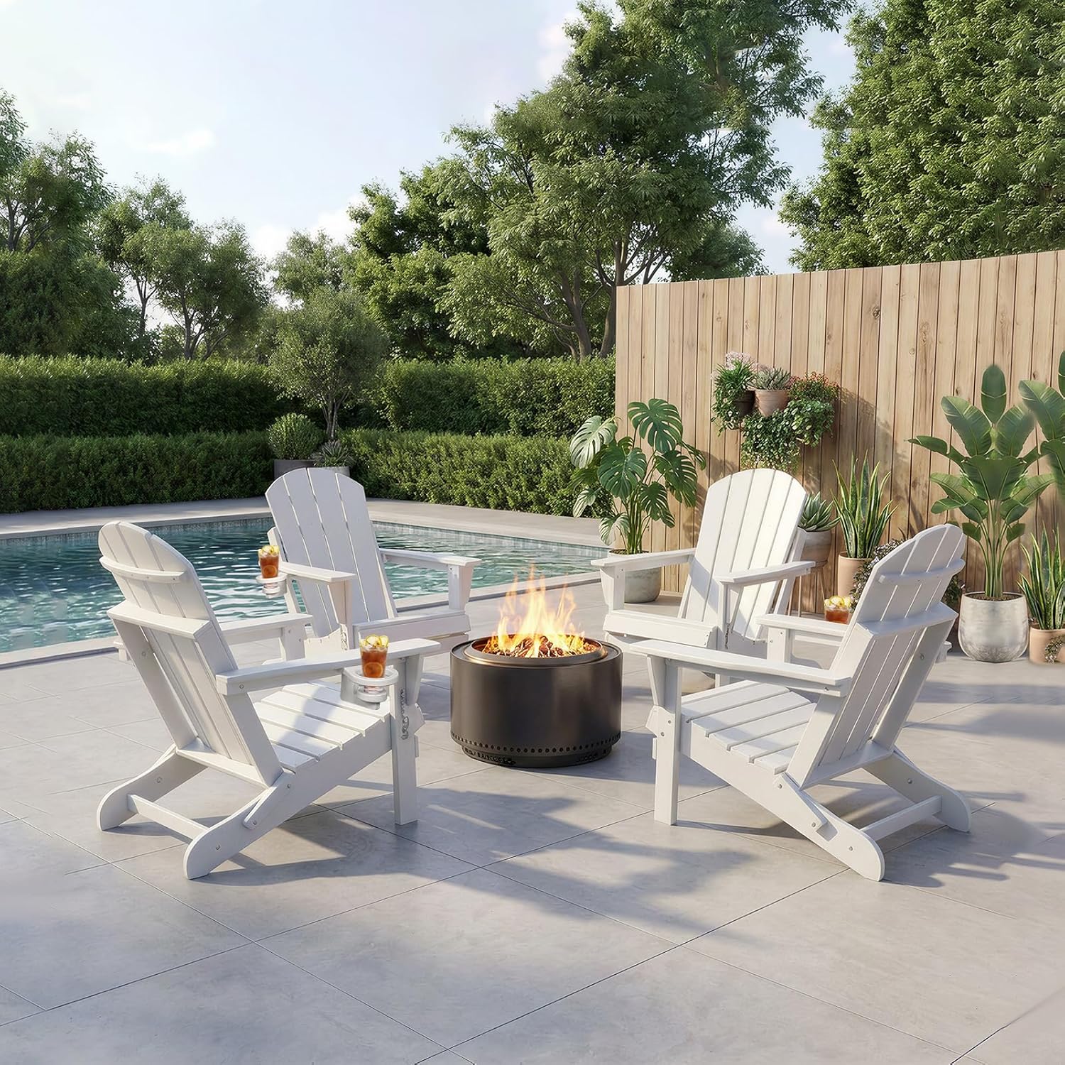 HDPE Adirondack Chair, Folding Outdoor Patio Chair with Cup Holder, Weather Resistant Wood Grain Lawn Chair for Backyard, Garden, Fire Pit, Deck, White