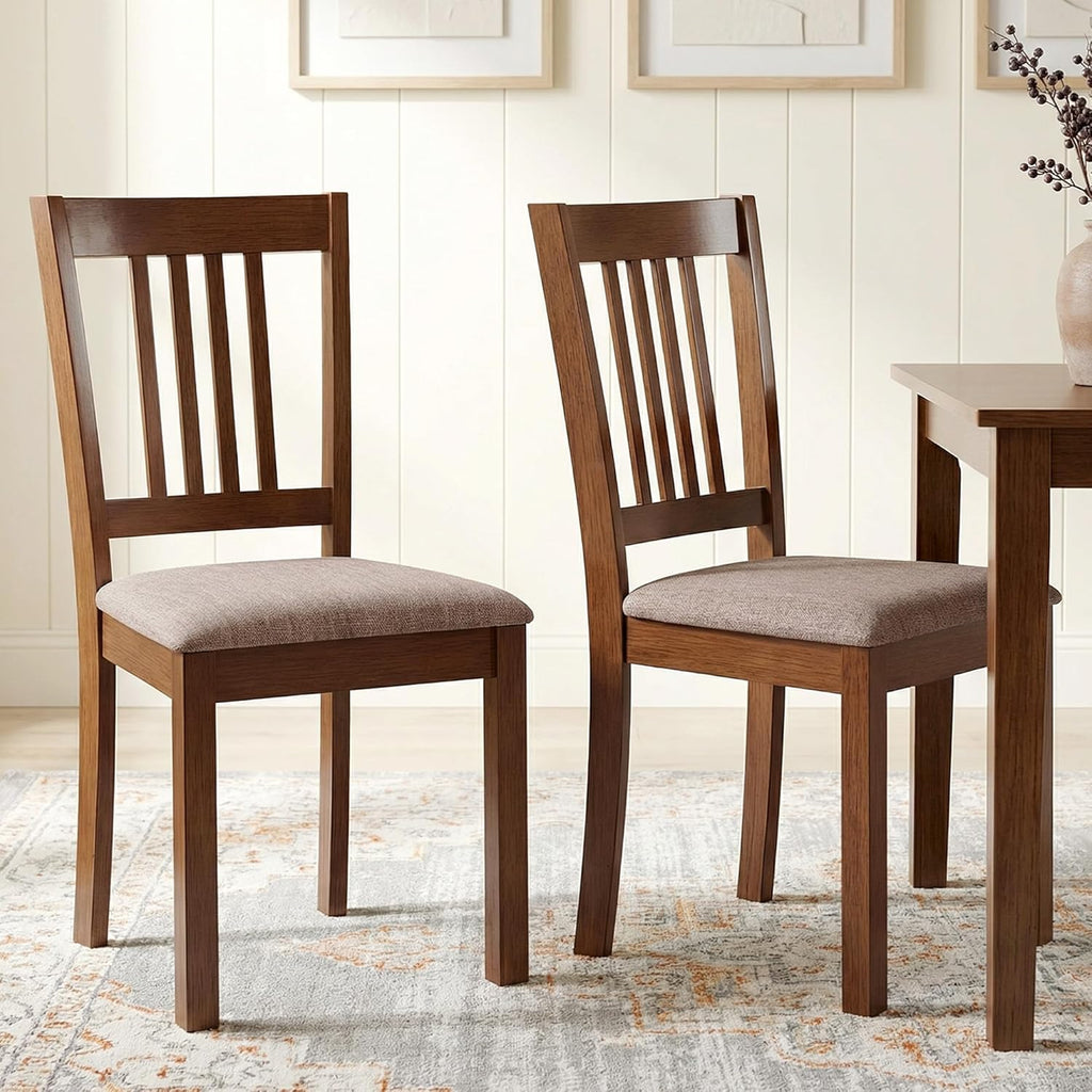 HOMCOM Dining Chairs Set of 2, Upholstered Kitchen Chairs with Rubberwood Frame, Padded Seat and Slat-Back for Living Room, Dining Room, Kitchen, Walnut
