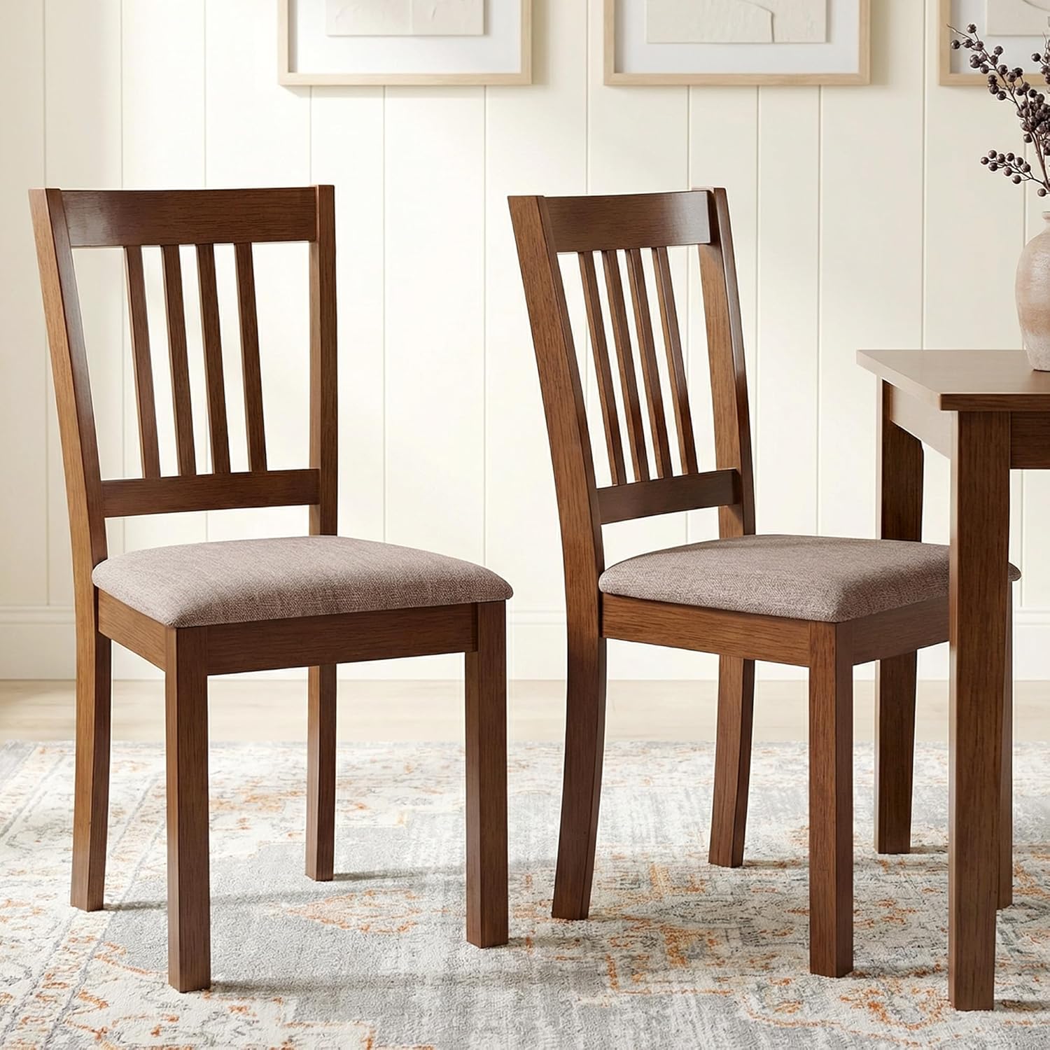 HOMCOM Dining Chairs Set of 2, Upholstered Kitchen Chairs with Rubberwood Frame, Padded Seat and Slat-Back for Living Room, Dining Room, Kitchen, Walnut
